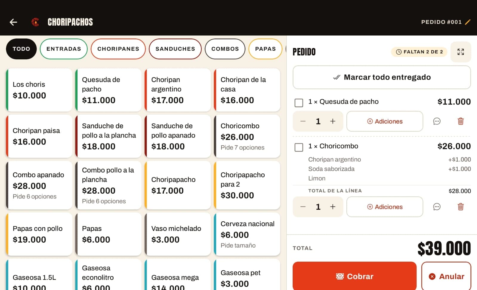 Los Choripachos — toma de pedidos en la tablet